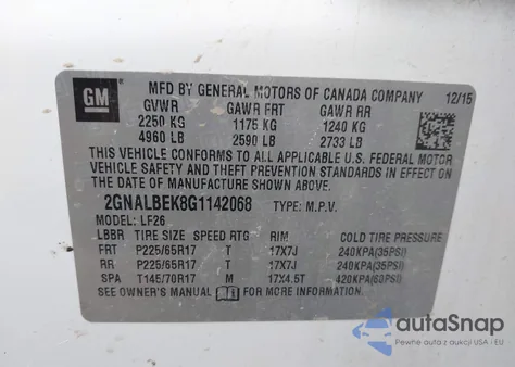 2016 Chevrolet Equinox L z USA, uszkodzony, nr VIN 2GNALBEK8G1142068